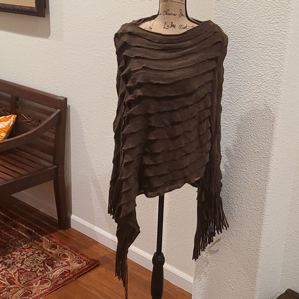 Fringe trim, layered ruffled poncho